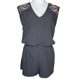 Zaka Woman 100% Mulberry Silk Black Floral Stitch Embroidered Mesh Romper Sz Med